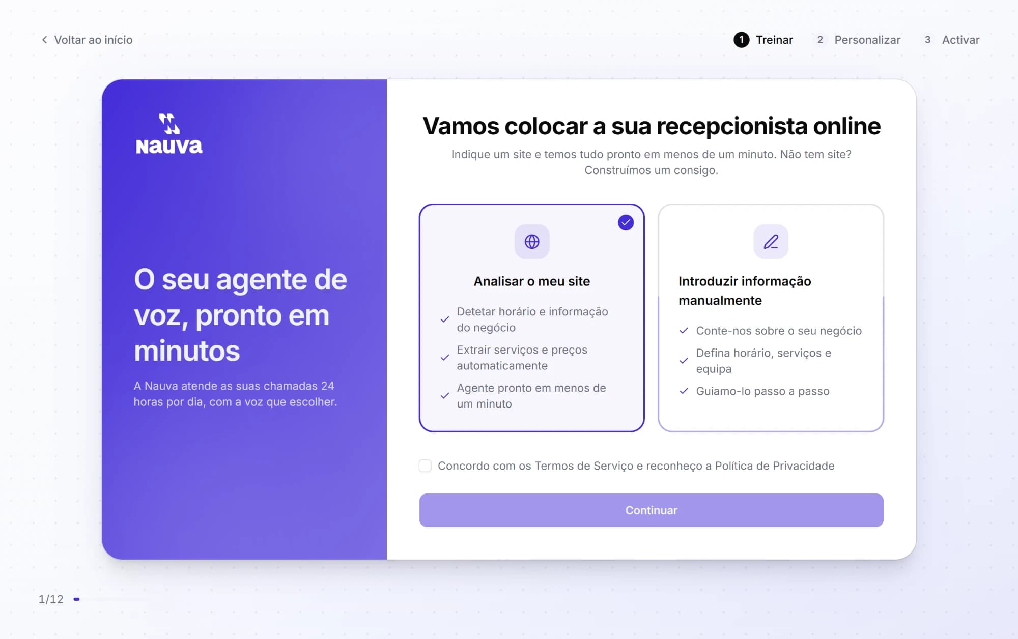 Ecrã de arranque da Nauva: analisar o meu site ou introduzir a informação manualmente