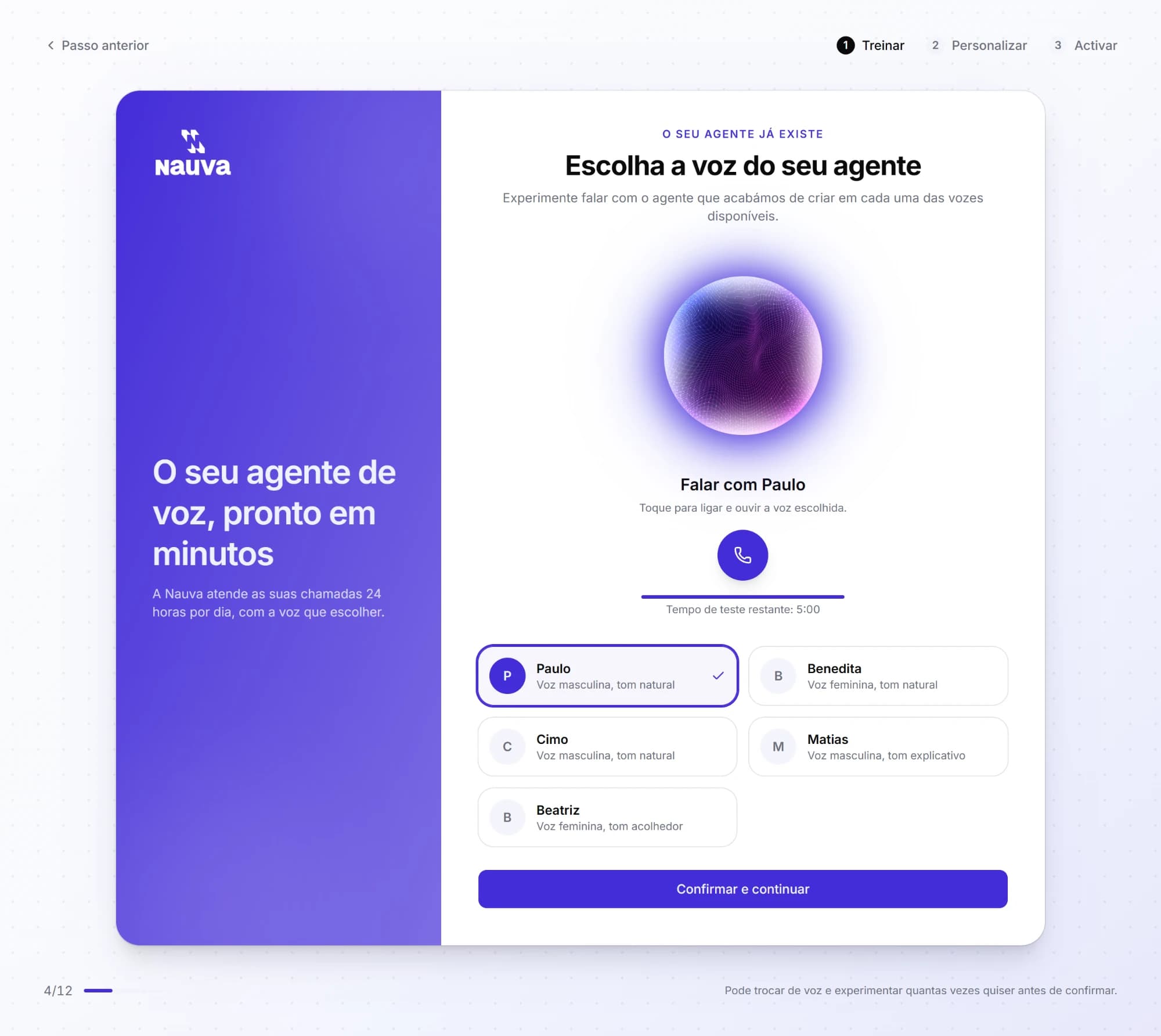 Ecrã para escolher a voz do agente e falar com ele no browser